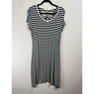 Chicos Sz 2 (US 12) V Neck T Shirt Midi Dress Black White Horizontal Stripe Fun